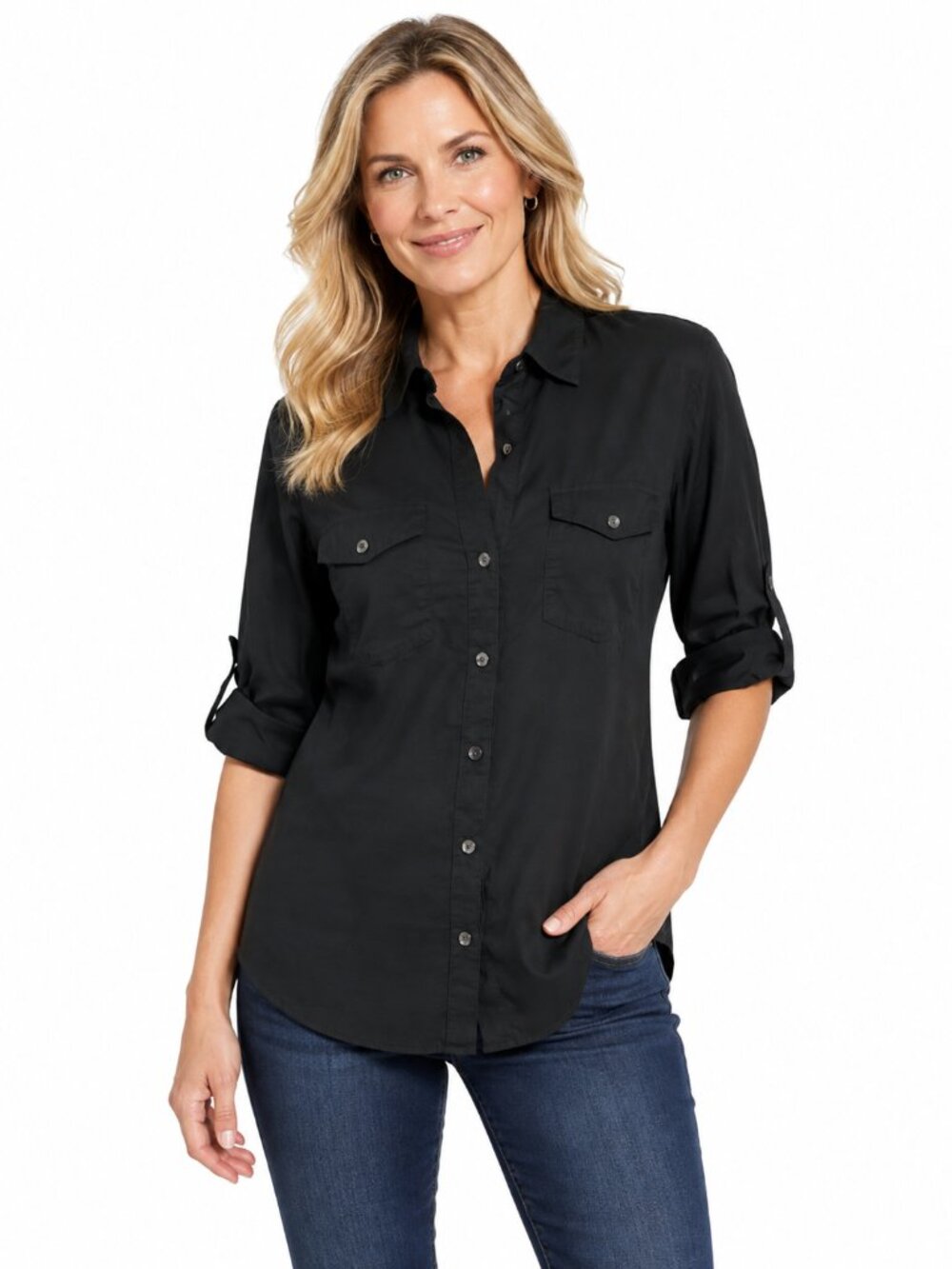 Share James Perse Top Size 3 Large Black Cotton Roll Tab 3/4 Sleeve Button Up Ut
